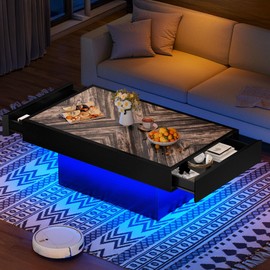 YITAHOME LED Coffee Table with 2 Drawers Storage, Square Vintage Coffee Table Engineered Wood Modern Low Coffee Tables for Living Room Decor, Farmhouse Rustic Center Table, Brown