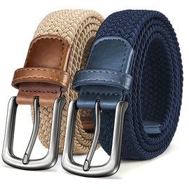 KEMISANT Men's Golf Belt 2 pack, Braided Woven Stretch Belt for Men Casual Jeans Sports Work 1 3/8"(Antique Blue/Beige,30"-34" Waist Adjustable)