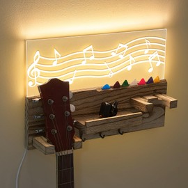 Threehoney Light up Guitar Stand Wall Mount Wood Hanger Shelf with Pick Holder and 3 Hooks for Acoustic Electric Bass Ukulele Violin Guitar Gifts for Musicians Music Lovers Guitarist