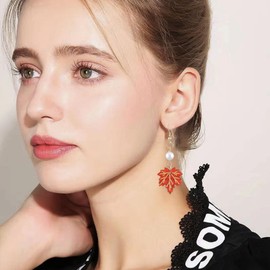 Vavhoo Red Maple Leaf Earrings for Women Fall Maple Leaf Dangle Earrings Thanksgiving Earrings Autumn Earrings,Autumn Fall Thanksgiving Jewelry for Women(Maple leaves pearl in middle)