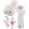Womens Winter Beanie Hat Scarf Gloves Set, Cute Pom Pom