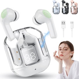 Auriculares Bluetooth inalámbricos, mini auriculares Bluetooth, auriculares intrauditivos, IPX4 resistente al agua y a las salpicaduras, con estuche de carga y LED digital, iOS y Android (Blanco)
