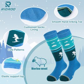 RIOROO 2 Pairs Merino Wool Unisex Ski Socks Children, Ski Socks Children Thick Reinforced Ski Socks for Boys Girls Thermal Winter Socks Warm and Breathable with Non-Slip Cuffs Calf Design, 2. Green