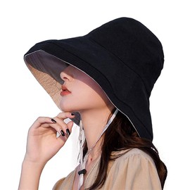 LeafIn Women's UV Protection, Reversible Hat, Spring, Summer, Sun Hat, Hat, Drawstring Cotton, Wide Brim, Small Face Effect, 22.0 - 22.8 inches (56 - 58 cm), Brim 5.1 inches (13 cm), Black