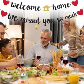 AOZUO Pre-Strung Welcome Home Banner, We Missed You So Much Banner Black Glitter Banner for Homecoming Decorations Military Return Family Theme Party