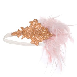 Anglacesmade Bridal 1920s Flapper Feather Headband with Stretchy Band Crystal Beaded Feather Roaring 20s Headpiece Prom Party Festival Great Gatsby Hair Jewelry for Women and Girls (Pink)