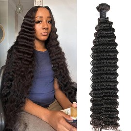 VENGSTI Deep Wave Bundles Human Hair 12A 22 Inch 100% Unprocessed Double Weft Quick Weave, Black Color, 100g