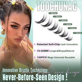 Soft-Chip Lash Clusters Kit 20mm Long Wispy Cluster Eyelash Extensions 150pcs D Curly Individual Cluster Lashes Extension Kit with Lash Bond and Seal Lightweight Volume Eyelash Clusters by TOOCHUNAG