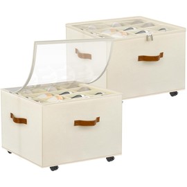 Shoe Organizer for Closet, 2 Pack Shoe Storage Organizer with Wheels and Adjustable Dividers, Stackable Shoe Storage Box with Clear Cover, Foldable Closet Shoe Organizer Fits up to 16-32 Pairs, Beige