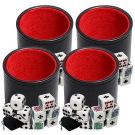 Cyber-Deals Black PU Leather Red Felt Lined Dice Cup with White Poker & Pip Dice in Storage Pouch Set (4 Sets)