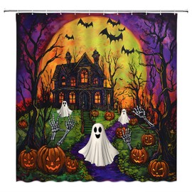 ZKJSMGS Halloween Shower Curtain,Spooky Ghost Gothic Castle Pumpkin Haunted House Festival Scary Purple Orange Bathroom Home Curtain Decor with Hooks,70x70 Inch