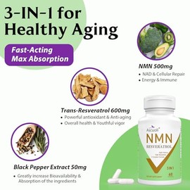 99% Ultra Pureza NMN 500mg + Trans-Resveratrol 600mg, 1150mg Suplemento de NMN Resveratrol, Fórmula Avanzada 3-en-1 para Impulsar* NAD, Célula, Inmune