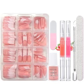 240 Stück Press On Nails Tips Set - Französisch Falsche Nägel Zum Aufkleben mit Cuticle Care Oil Pen (Medium Square French MDF01, Normal)
