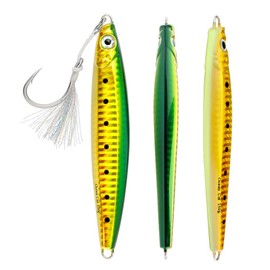 OCEAN CAT 1 PC Slow Fall Pitch Lead Metal Flat Fishing Jigs Lures Sinking Vertical Jigging Bait with Circle Hook for Saltwater Fishing (Green&Gold, 220g)