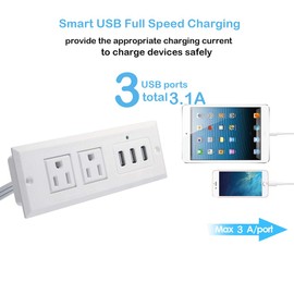 Furniture Recessed Power Strip, Recessed Desk Outlet with 3.1A Max USB, in Conference Desk Recessed Power Outlets Socket, Desktop Power Grommet with 10 ft Power Cord