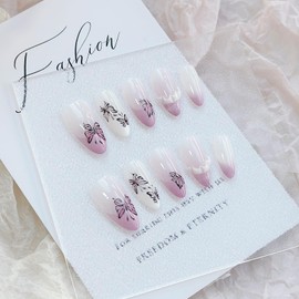 LARSOOY Nails Handmade Press on Nails Middle Oval | Handmade Nails with Purple Butterfly | Reusable fake Nails with French Tip Designs | False Nails 10 Pcs (Purple Temptation, S)