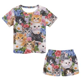 Showudesigns Cute Cat Kids Pyjamas Girls 11-12 Years Old Short Sleeve Nightwear Pjs Soft Breathable Pajamas Sets Two Piece Lounge Clothes with Pocket Grey