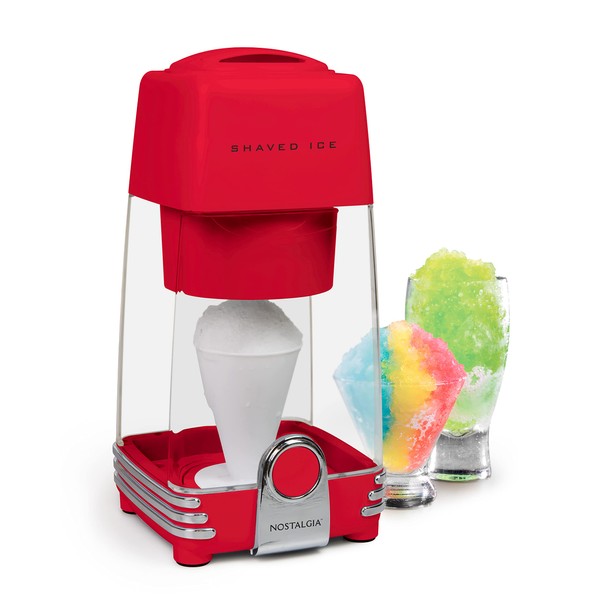 Nostalgia Retro Electric Table-Top Snow Cone Maker, Vintage Shaved Ice Machine Includes 1 Reusable Plastic Cup and Ice Mold, Red