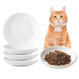 Ceramic Cat Food Bowl Set - 4 Pack Healthy Wide Shallow Cat Dishes Cat Plates for Food and Water, Anti Whisker Fatigue Cat Feeding Bowls for Pet Puppy Kittens, Dishwasher Microwave Safe, 5.8 In, White