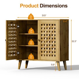 RoyalCraft Rattan Accent Cabinet with Doors, Farmhouse Buffet Entryway Cabinet with Oak Legs for Living Room, Natural Wooden Decorative Sideboard with Adjustable Shelf