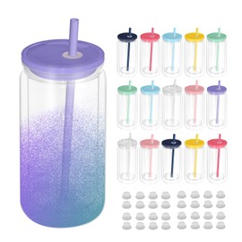 AZEAM 16 PCS Plastic Snow Globe Tumbler,16 oz Double Wall Tumbler with Pre Drilled Hole,Bulk Snow Globe Cups with Colorful Lip and Straw,DIY Glitter Snowglobe(No gold powder)