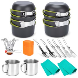 VECKYJL Camping Cookware Set, 16pcs Lightweight Backpacking Mess Kit with Camping Pots and Pans, 2 Cups, Fork Spoon, Survival Cooking Kit for Outdoor Hiking and Picnic