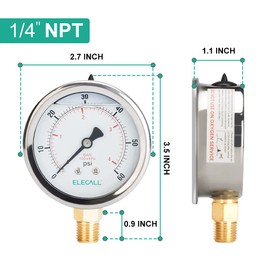 Elecall 60psi Silicone Oil Filled Pressure Gauge for Water Oil Air Pressure Test in Pool Pump Sand Filter Air Compressor Water System, 2-1/2" Stainless Steel Case, Lower Mount 1/4"NPT