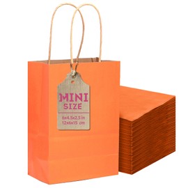 qiqee 24 Pcs Orange Mini Paper Gift Bags with Handles 6"x4.5"x2.5" Small Brown Kraft Party Favor Bags Treat Bags Multiple Uses (Mini size)