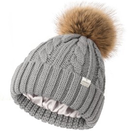 YANIBEST Womens Winter Beanie Hat Satin Lined Knitted Beanie Hat Warm Soft Ski Cuff Cap with Pom Pom Light Grey
