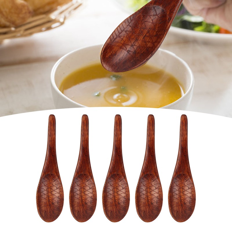 5pcs Wooden Spoon Fish Shaped Hand Carved Old Paint Color