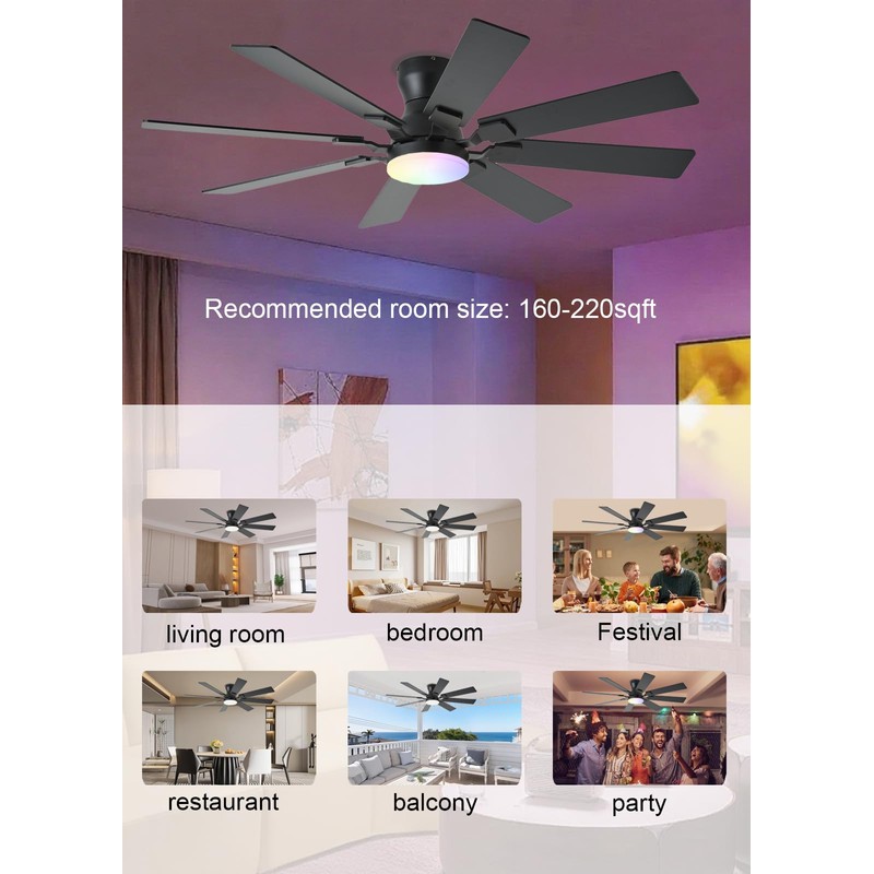JSAITEE 52 inch Ceiling Fan with Light, 8 Speeds Reversible
