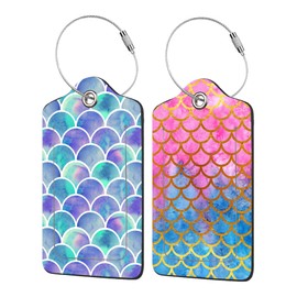 EOBKLAX 2 Pack Mermaid Scales Luggage Tags for Suitcases,Watercolor Fish Scales Leather Baggage Suitcases Tag Name ID Label Privacy Cover Travel Bag Tags for Women Men Boys Girls