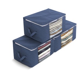 Delka 90L Storage Bags with Lids, Large Storage Boxes with lids, Storage Unit for Clothes, Duvets, Blankets, Toys, Pack of 3 Foldable Organizers with Reinforced Handles and Clear Window (Navy)