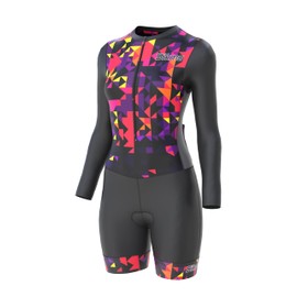 Sikma Ladies Cycling Skinsuit Women Padded One Piece Trisuit Bike Top Short Sublimated Design bib Short Long Sleeves (Yellow, Small)