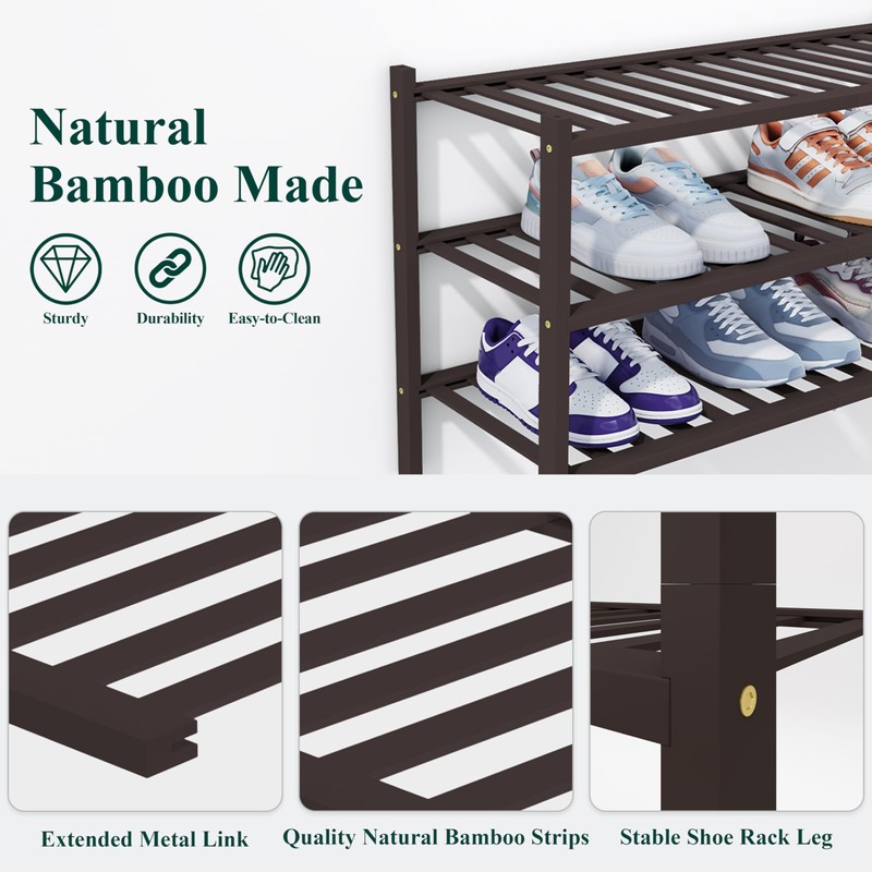 Smiry Shoe Rack, 3 Tier Thick Bamboo Shoe Organizer, Stackable