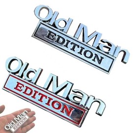 2Pcs Old Man Edition Car Emblem, 3D Sticker Badge, Funny Edition Nameplate Decal for Side, Tailgate, Bumper, Weatherproof Nameplate Decal for Truck SUV Motorcycle (Silver Black+Silver Red)