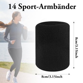 Pack of 14 Sweatbands Wrists, Black Elastic Sweatbands Set Sweatband for Men Women Tennis Basketball Children Football Running