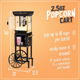 Nostalgia Popcorn Maker Machine - Professional Cart With 2.5 Oz Kettle Makes Up to 10 Cups - Vintage Popcorn Machine Movie Theater Style - Black