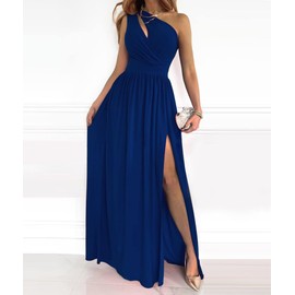 ECDAHICC Women's Sexy One Shoulder Cutout Pleated Maxi Dress Sleeveless High Slit Formal Evening Party Bridesmaid Dresses(ZQ1,L) Dark Blue