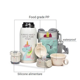 Thermos Flask Children's Hot and Cold Water Bottle Stainless Steel Water Bottle Vacuum Insulated Bottle with Shoulder Bag Straw Cup Baby Children's Thermos Flask Unicorn