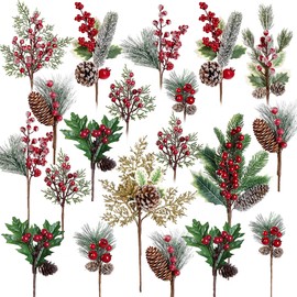 Sggvecsy 20 Pack 10 Kinds Artificial Christmas Picks Assorted Red Berry Picks Stem Faux Pine Picks Spray with Pinecones Holly Leaves for Floral Arrangement Wreath Winter Holiday Season Decor