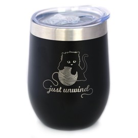 Just Unwind Cat Wine Tumbler Glass with Sliding Lid - Stainless Steel Travel Mug - Unique Cat Gifts for Women and Men - Black