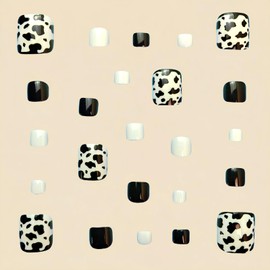 Cow Pattern Press on Toenails Square Fake Toe Nails with Black White Leopard Print Designs Cute Toe Nails Press ons Acrylic False Toenails Glossy Full Cover Stick on Toenails for Women 24Pcs
