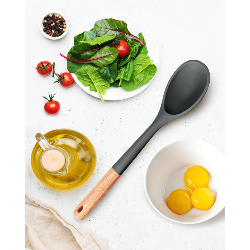 Large Silicone Cooking Spoons, Nonstick Solid Wooden Handle Spoon, Heat