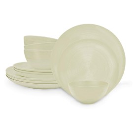 Zak Designs Dinnerware Sets for Indoors and Outdoors, 12 Pieces Melamine Plastic Plates and Bowls for Dinnertime with Family (American Conventional Sand)
