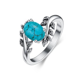 DOLIOX Genuine Turquoise Ring for Women Western Oval Gemstone Jewelry 925 Sterling Silver Leaf Bohemian Boho for Her Wife Mom Size 13