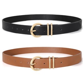 XZQTIVE 2 Pack Womens Leather Belts for Jeans Dress Pants Fashion Plus Size Ladies Black Waist Belt with Gold Buckle