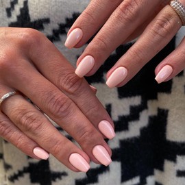 KXAMELIE Baby Pink Square Press on Nails Short Medium Coffin,T-shape Gel Fake Nails for Women Girls,Neutral False Glue on Nails Medium Length,Pure Color Reusable Acrylic Nails Press ons in 24PCS