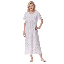 Keyocean Women‘s Nightgowns, Soft Cotton Comfy Lightweight Short Sleeve Ladies Sleepwear, Pink Floral, XX-Large (XXL)