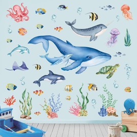 wondever Under The Sea Wall Stickers Ocean Fish Whale Seaweed Peel and Stick Wall Art Decals for Kids Bedroom Baby Nursery Bathroom Decor